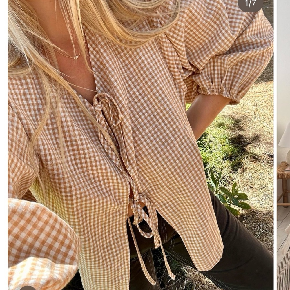 Honeydove vintage gingham puff sleeve tie top